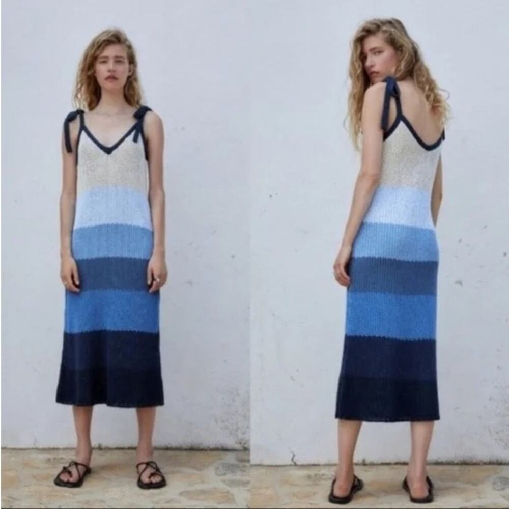 Zara Blue Striped Tie Shoulder Crochet Knit Midi Dress Small Boho Vacation